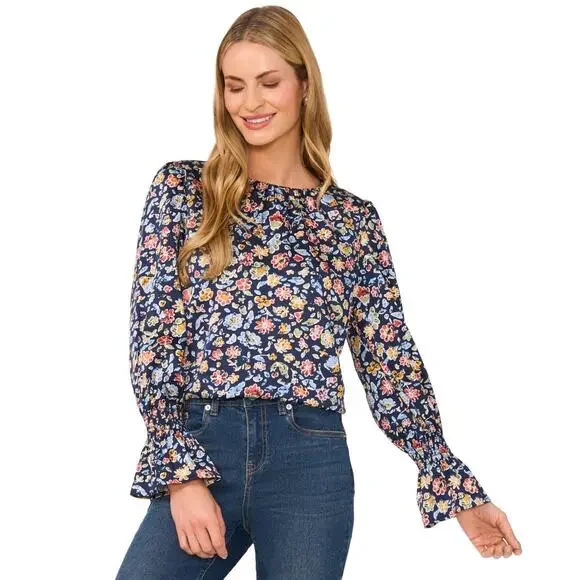 Pleated-Neck Long-Sleeve Ruffled-Cuff Blouse